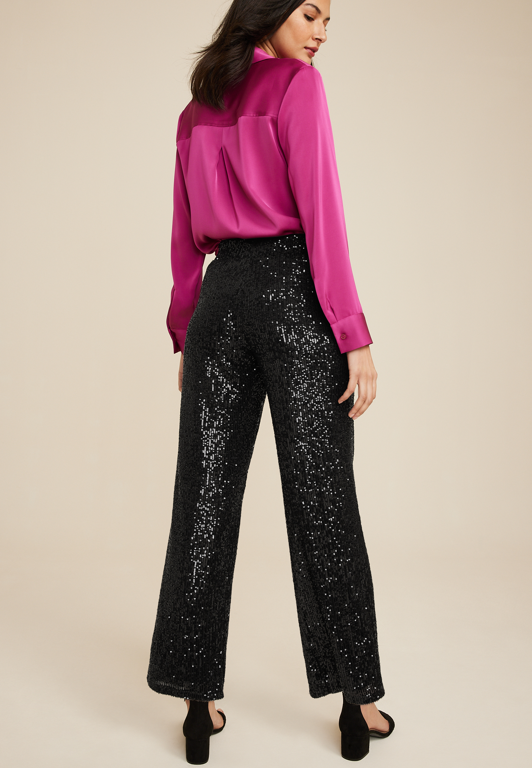 Black Sequin High Rise Wide Leg Pant, , large