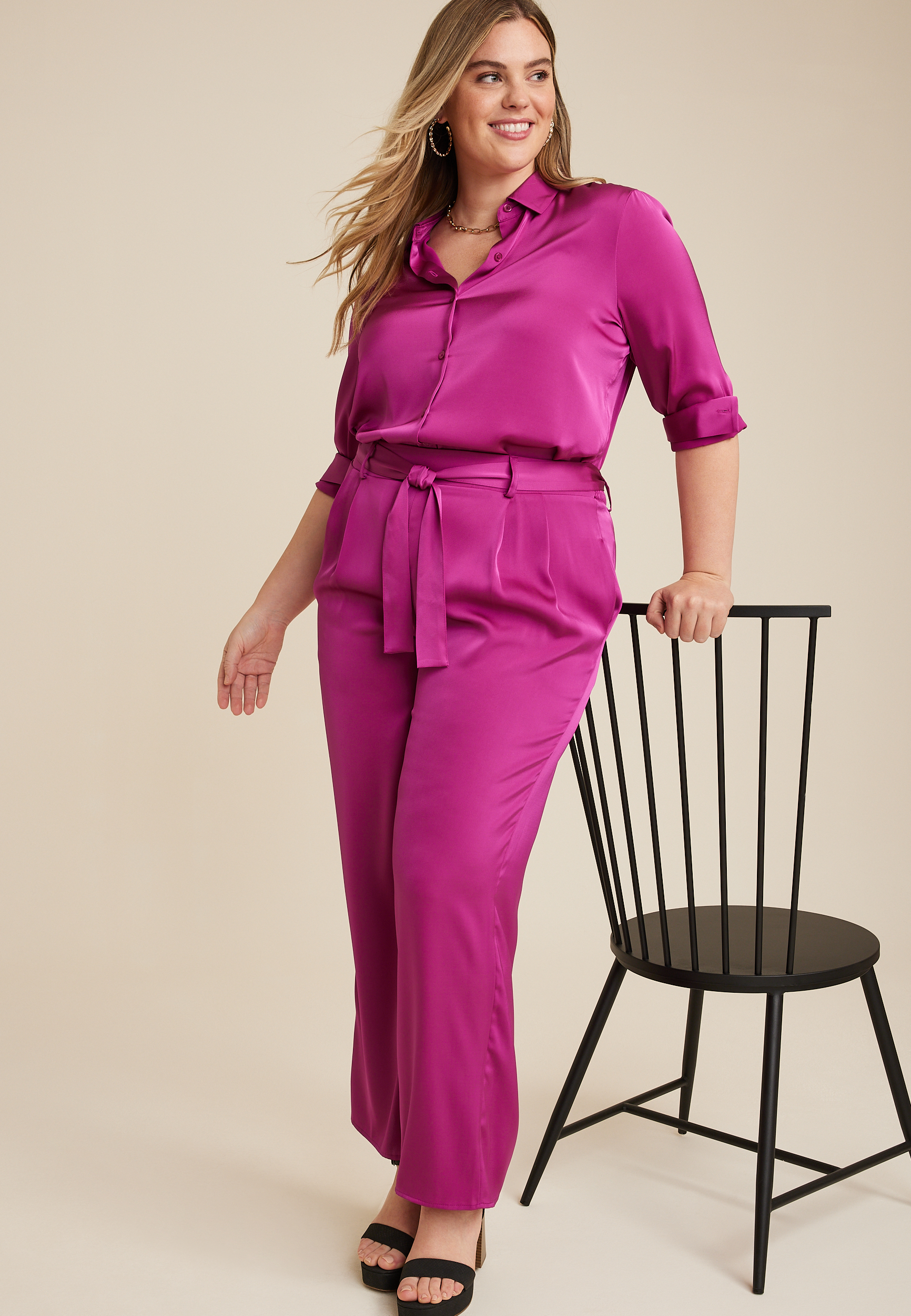 Plus Size Satin High Rise Wide Leg Pant, C6695, large