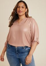 Plus Size Atwood Shimmer 3/4 Sleeve Popover Blouse, ROSE GOLD, small