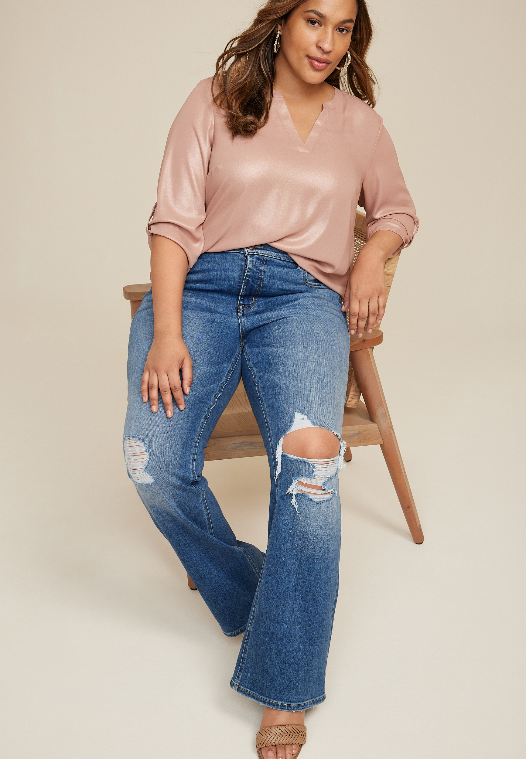 Plus Size Atwood Shimmer 3/4 Sleeve Popover Blouse, ROSE GOLD, large