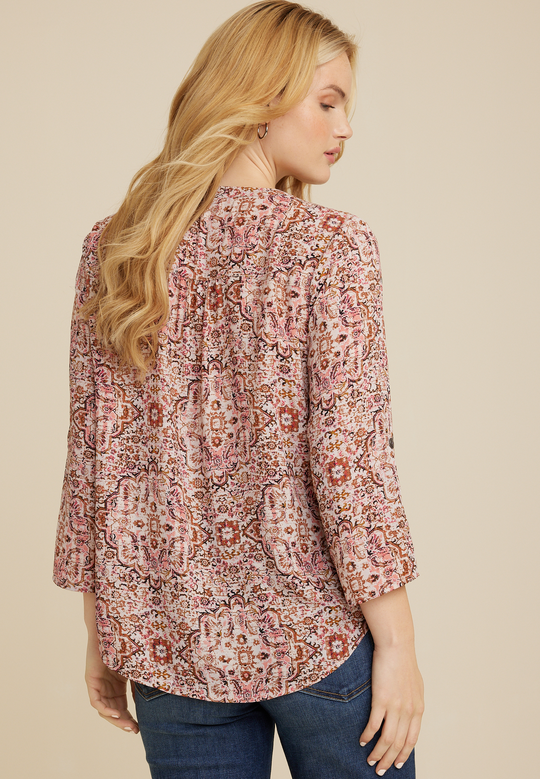 Atwood Medallion 3/4 Sleeve Popover Blouse, C3163, large