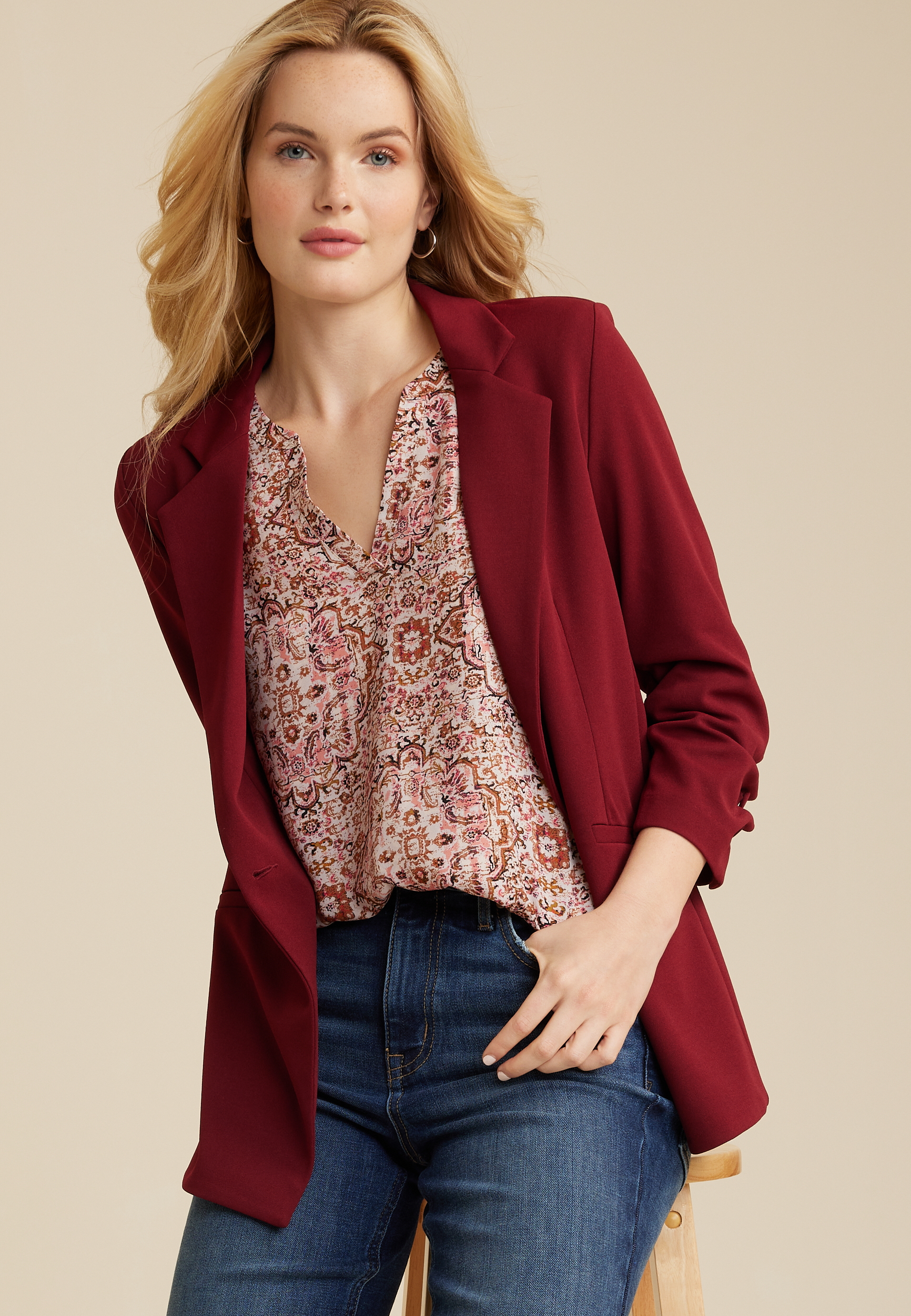 Atwood Medallion 3/4 Sleeve Popover Blouse, C3163, large