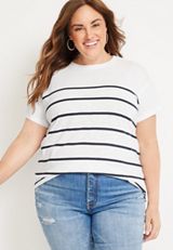 Plus Size 24/7 Dawson Striped Drop Shoulder Tee, SOFT WHITE COMBO, small