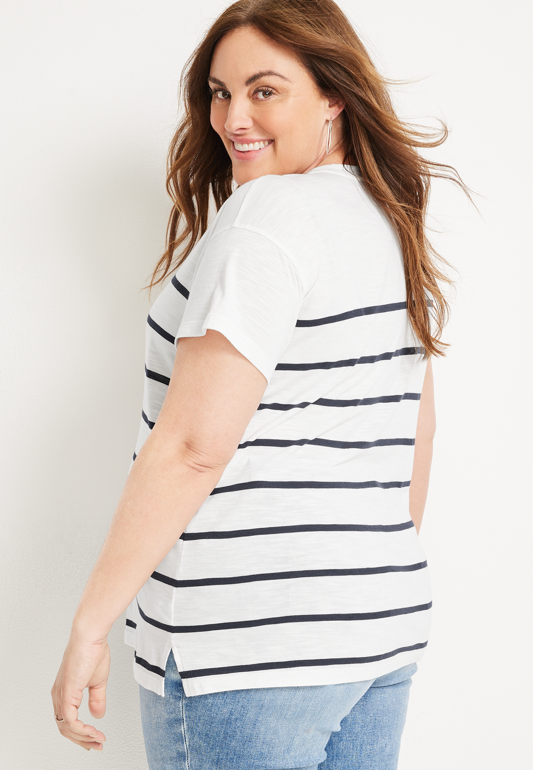 Plus Size 24/7 Dawson Striped Drop Shoulder Tee, SOFT WHITE COMBO, large