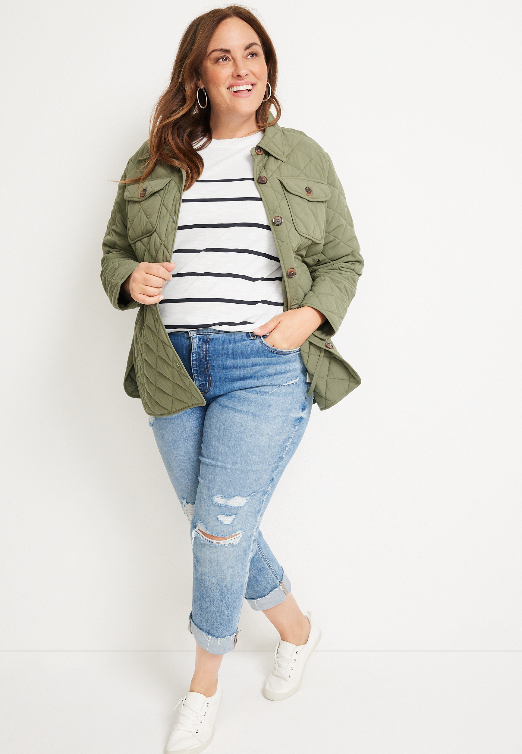 Plus Size 24/7 Dawson Striped Drop Shoulder Tee, SOFT WHITE COMBO, large
