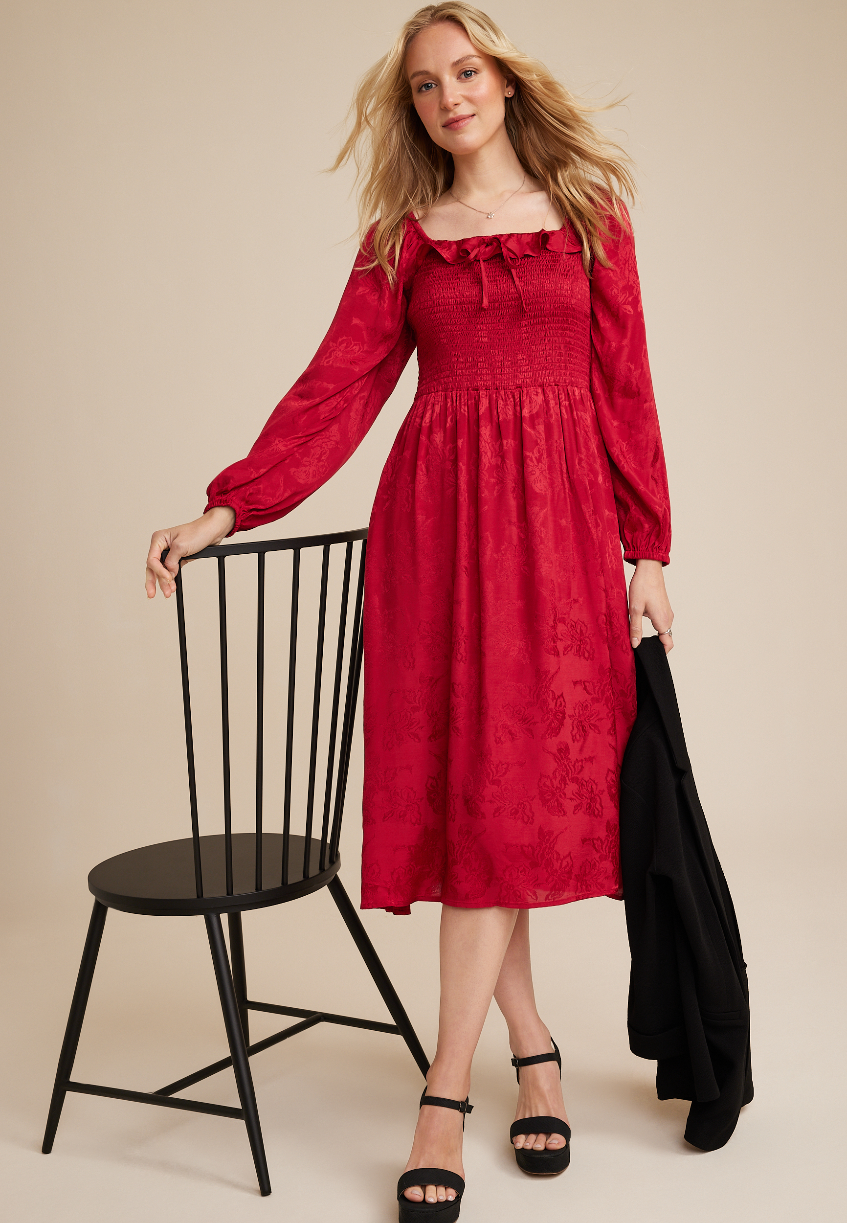 Red Floral Jacquard Midi Dress, REBEL RED, large