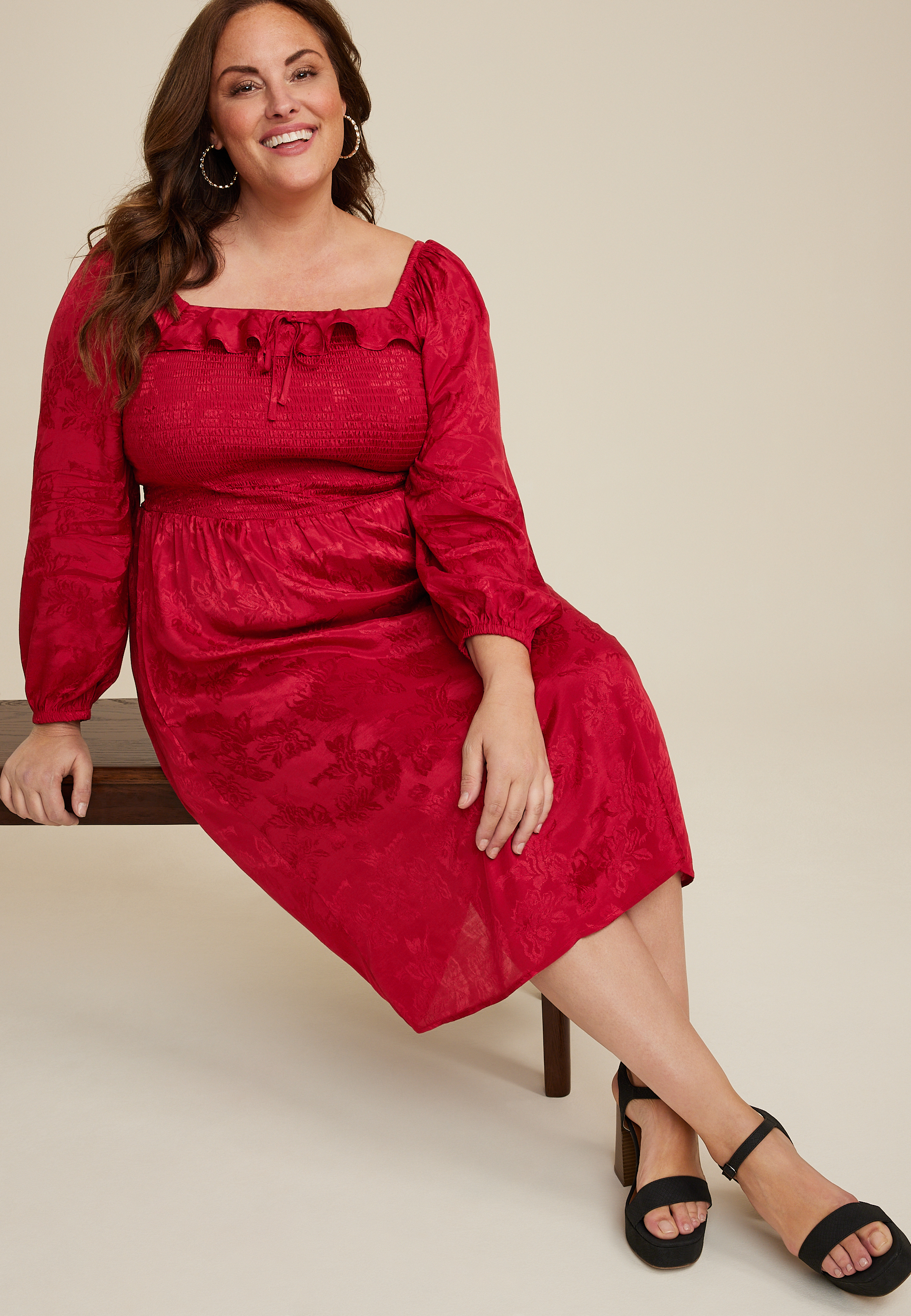 Plus Size Red Floral Jacquard Midi Dress, C4744, large