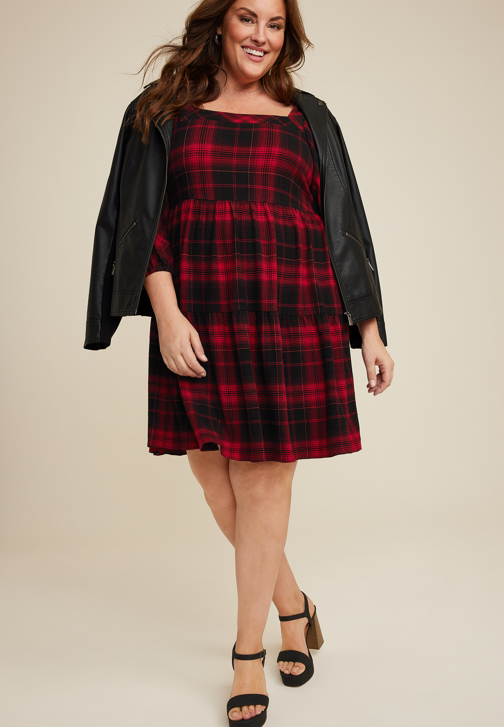 Plus Size Buffalo Plaid Babydoll Dress, C7044, large