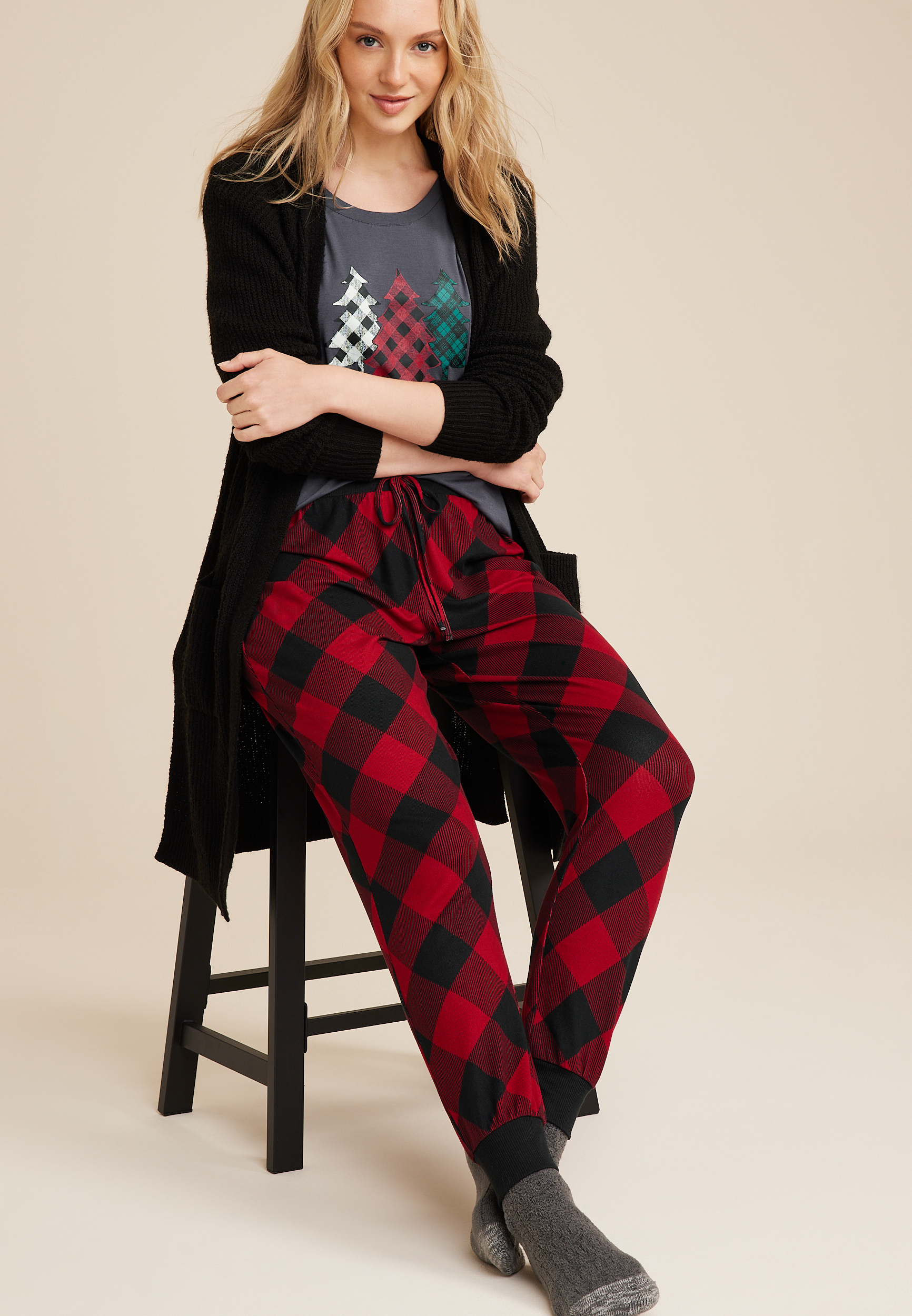 Womens Holiday Trees Family Pajamas, CHARCOAL, large
