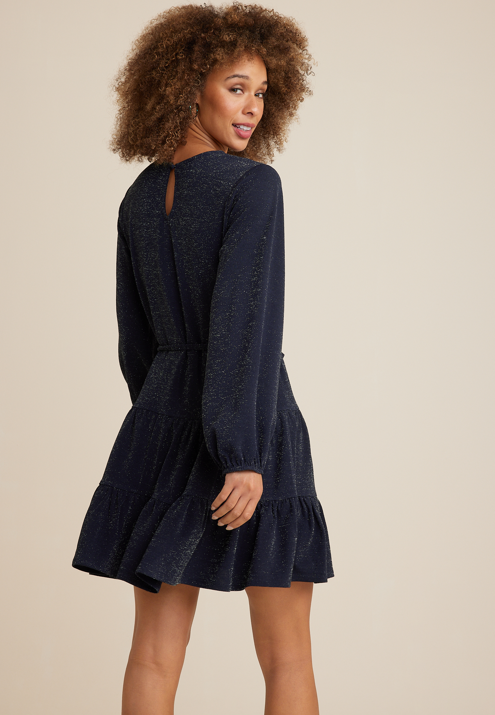 Metallic Tiered Long Sleeve Skater Dress, C9252, large