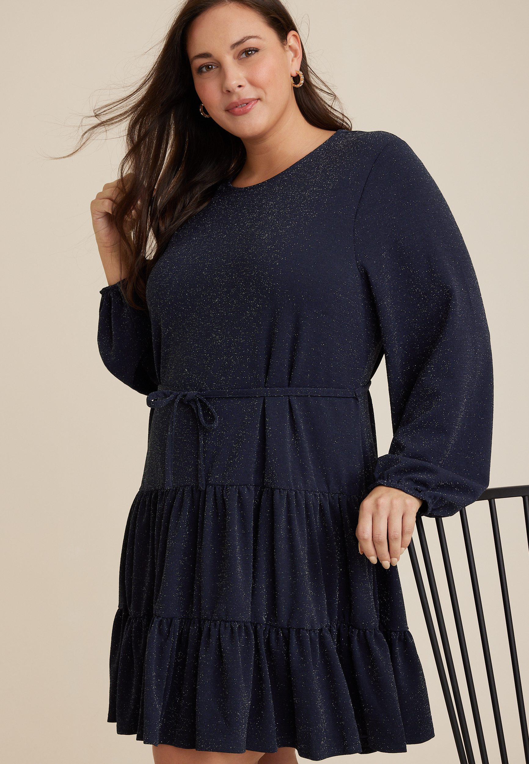 Plus Size Metallic Tiered Long Sleeve Skater Dress | maurices