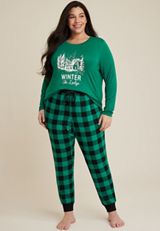 Plus Size Holiday Ski Lodge Family Pajamas, HOLLY GREEN, small