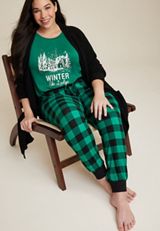 Plus Size Holiday Ski Lodge Family Pajamas, HOLLY GREEN, small