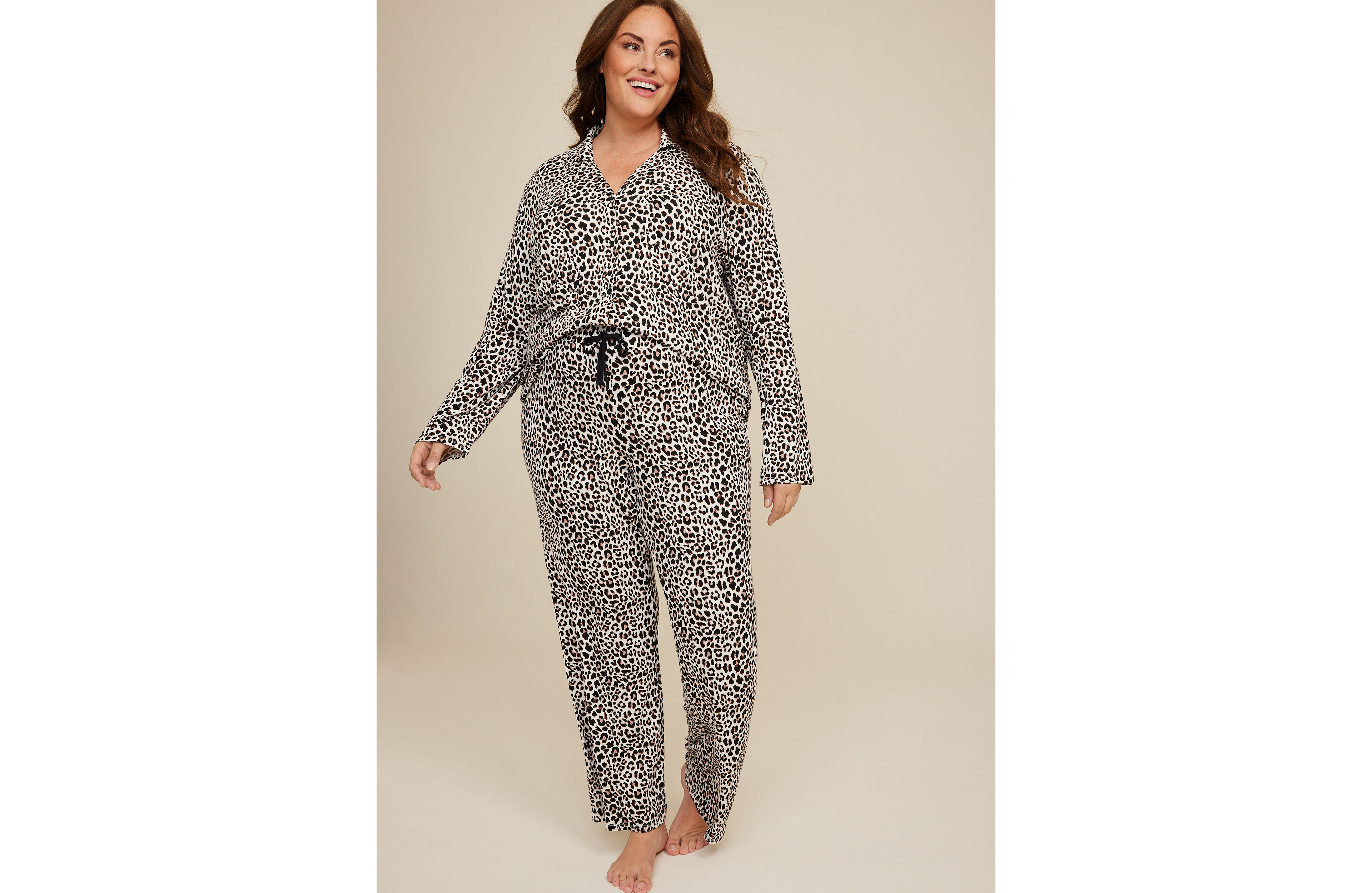 Plus Button Down Top And Wide Leg Pajama Set