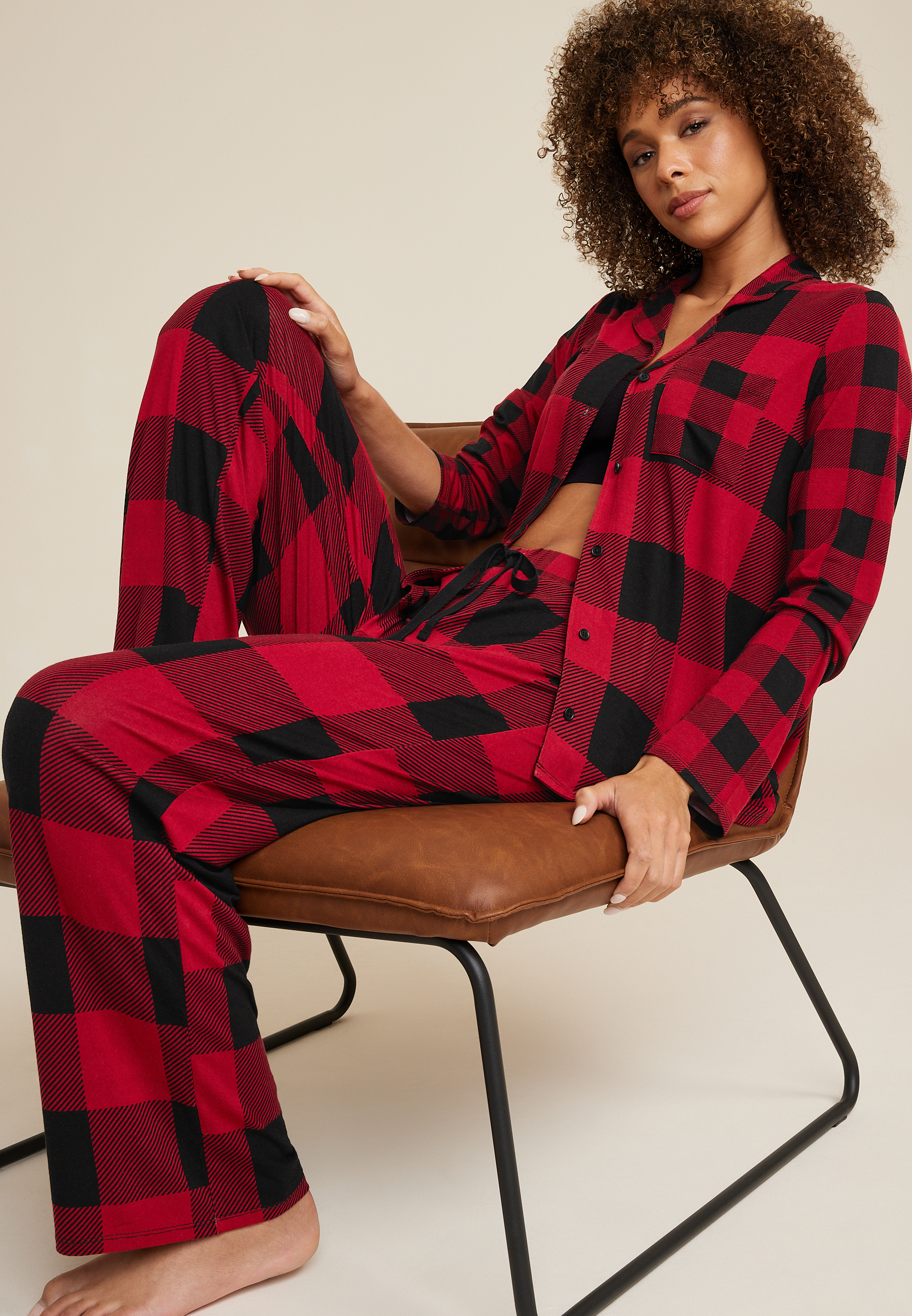 Button Down Top And Wide Leg Pajama Set, C2105, large