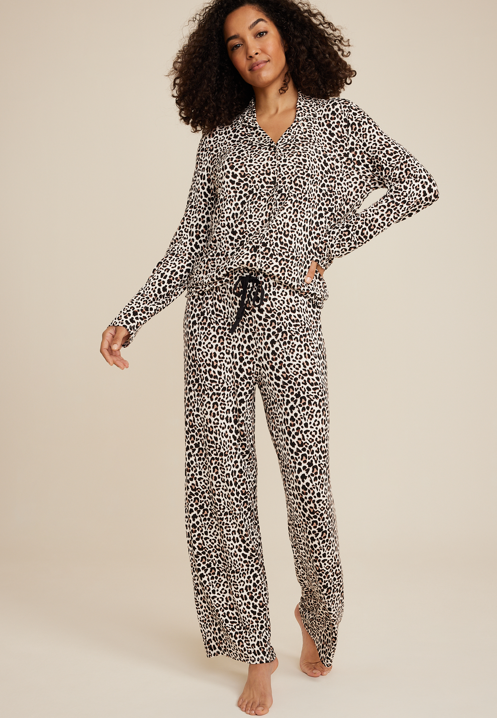 Button Down Top And Wide Leg Pajama Set
