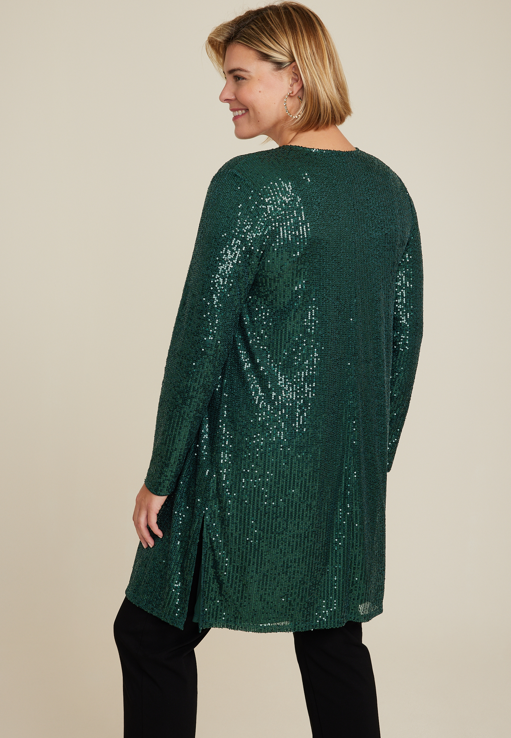 Plus Size Green Sequin Duster Cardigan, C3895, large