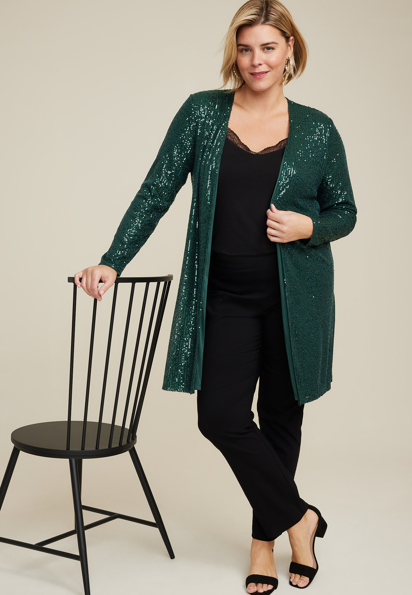 Plus Size Green Sequin Duster Cardigan, C3895, large