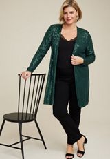 Plus Size Green Sequin Duster Cardigan, C3895, small