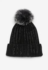 Black Rhinestone Pom Beanie, BLACK, small