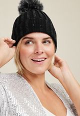Black Rhinestone Pom Beanie, BLACK, small