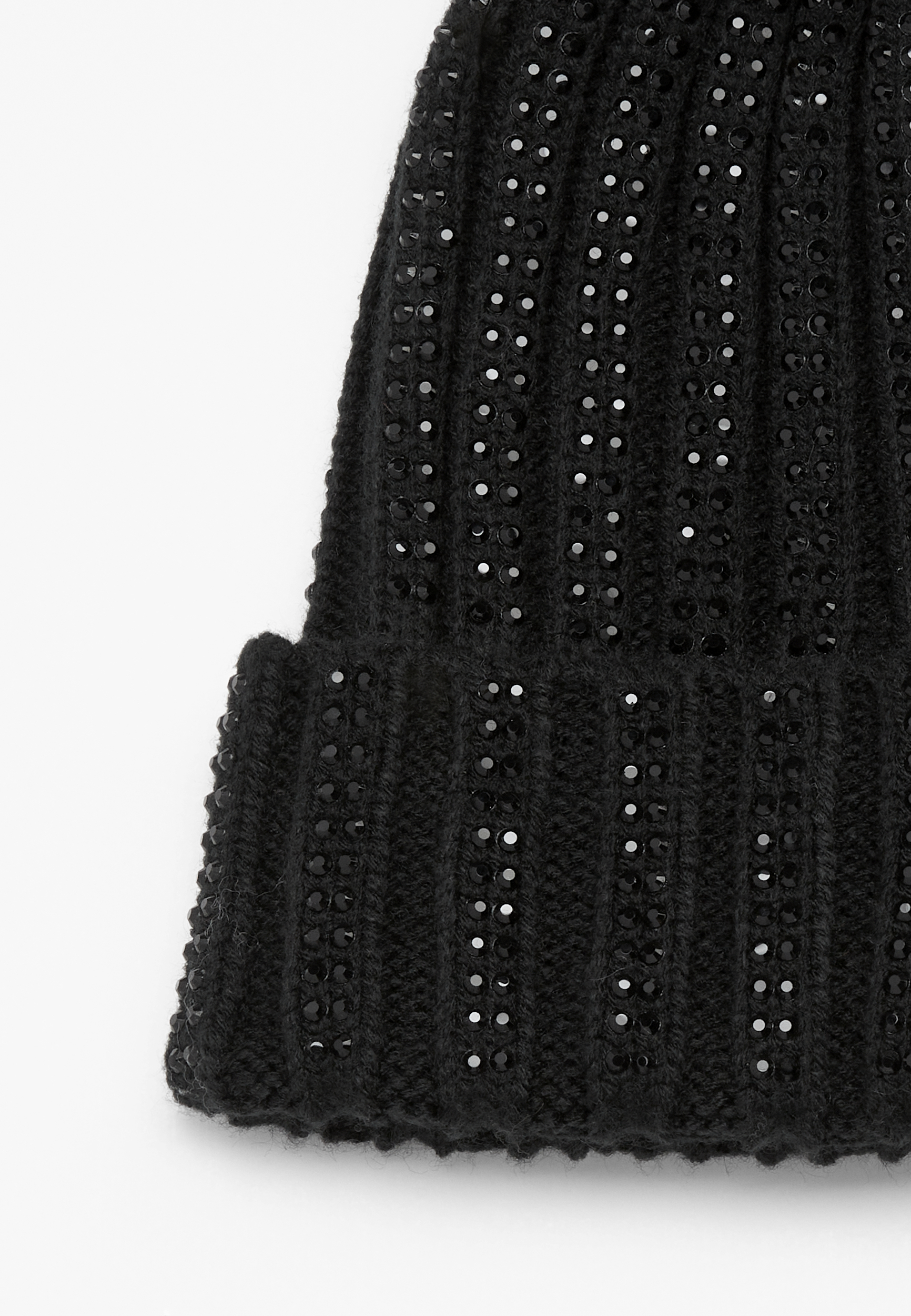 Black Rhinestone Pom Beanie, BLACK, large