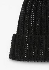 Black Rhinestone Pom Beanie, BLACK, small