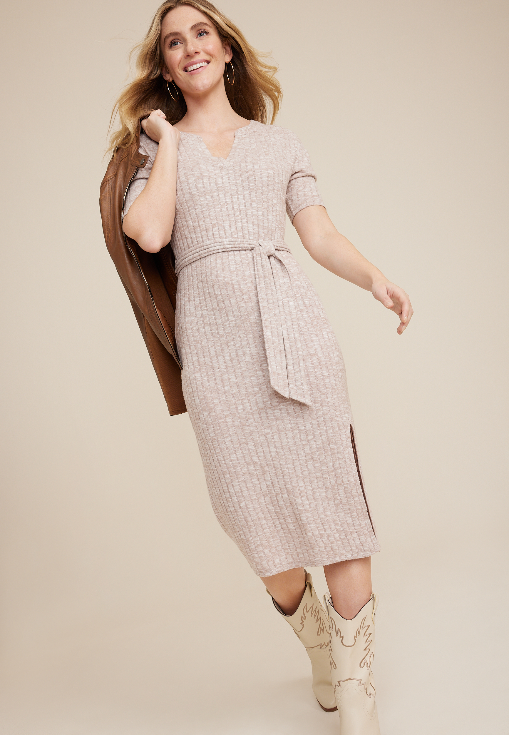 24/7 Ribbed Midi Sweater Dress, HEATHERED COCOA, large