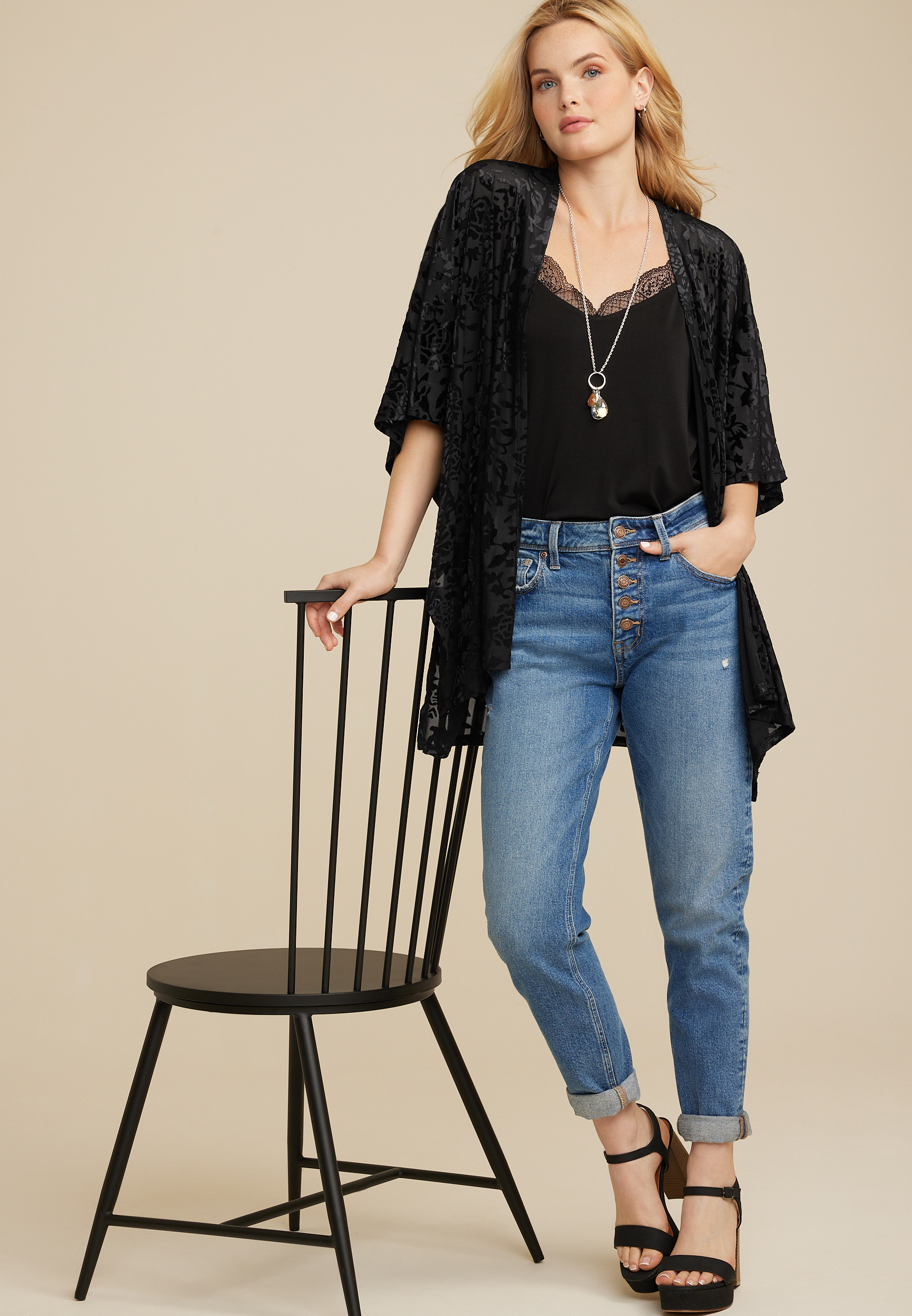 Black Velvet Burnout Ruana, BLACK, large