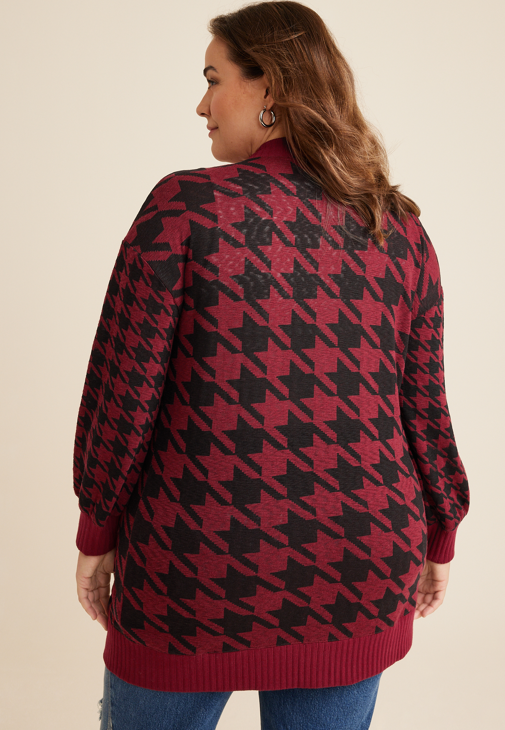 Plus Size Red Houndstooth Mixer Cardigan, C9180, large