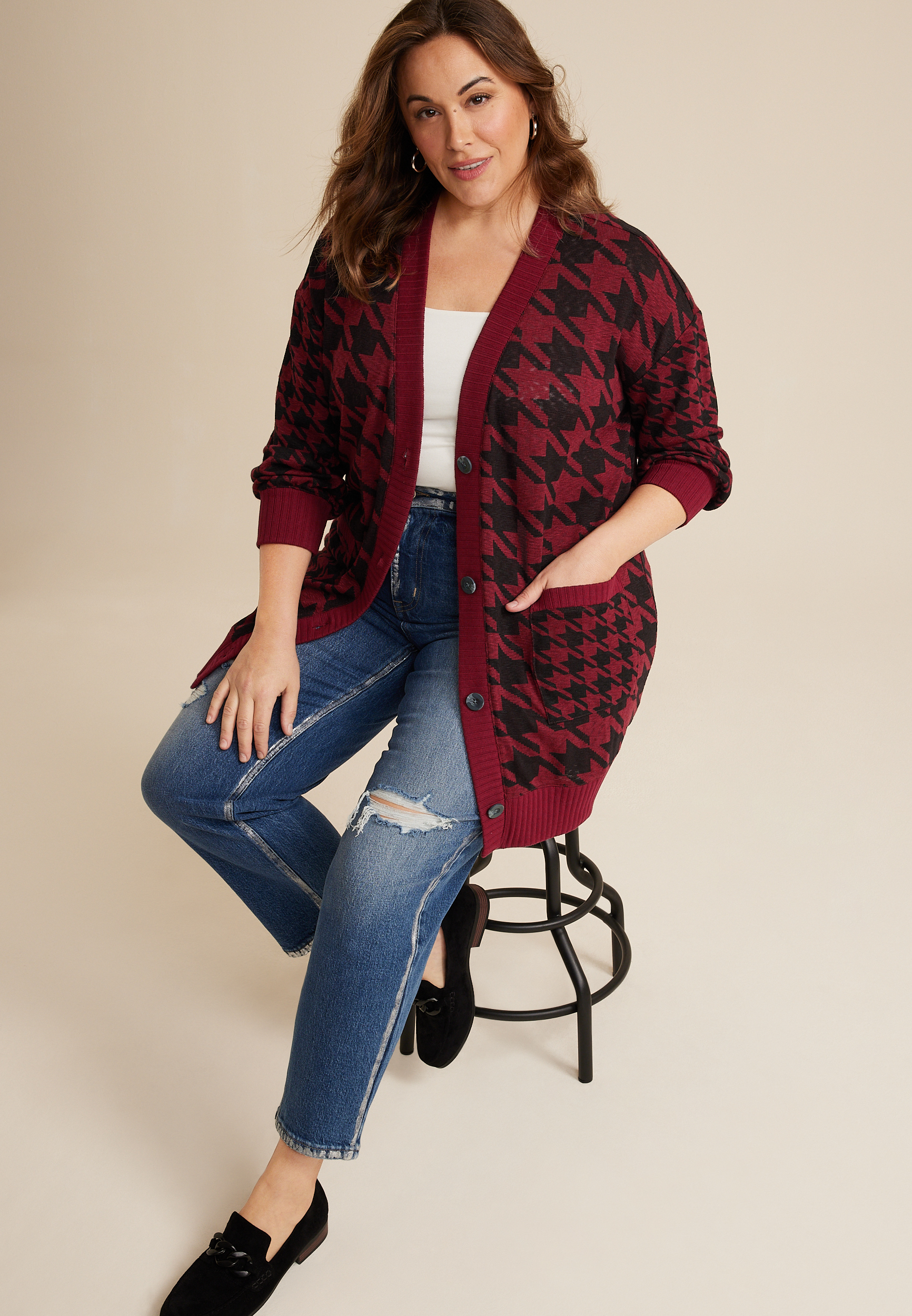 Plus Size Red Houndstooth Mixer Cardigan, C9180, large