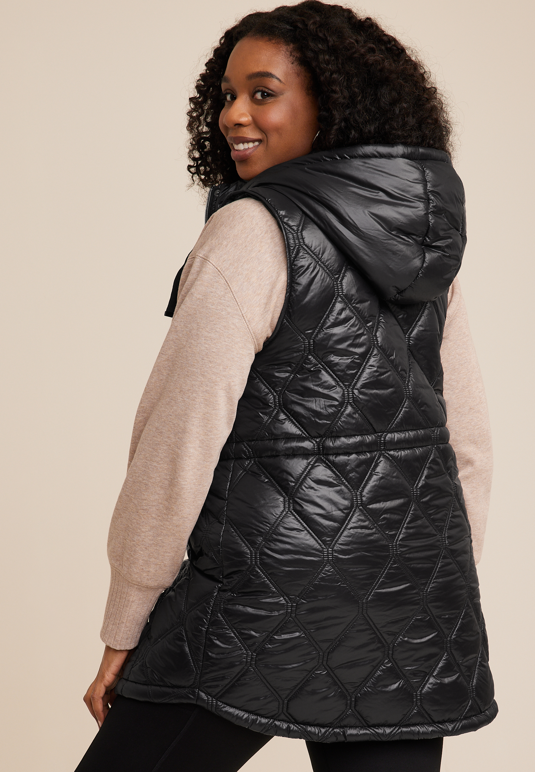 Plus Size Hooded Longline Vest, BLACK, large