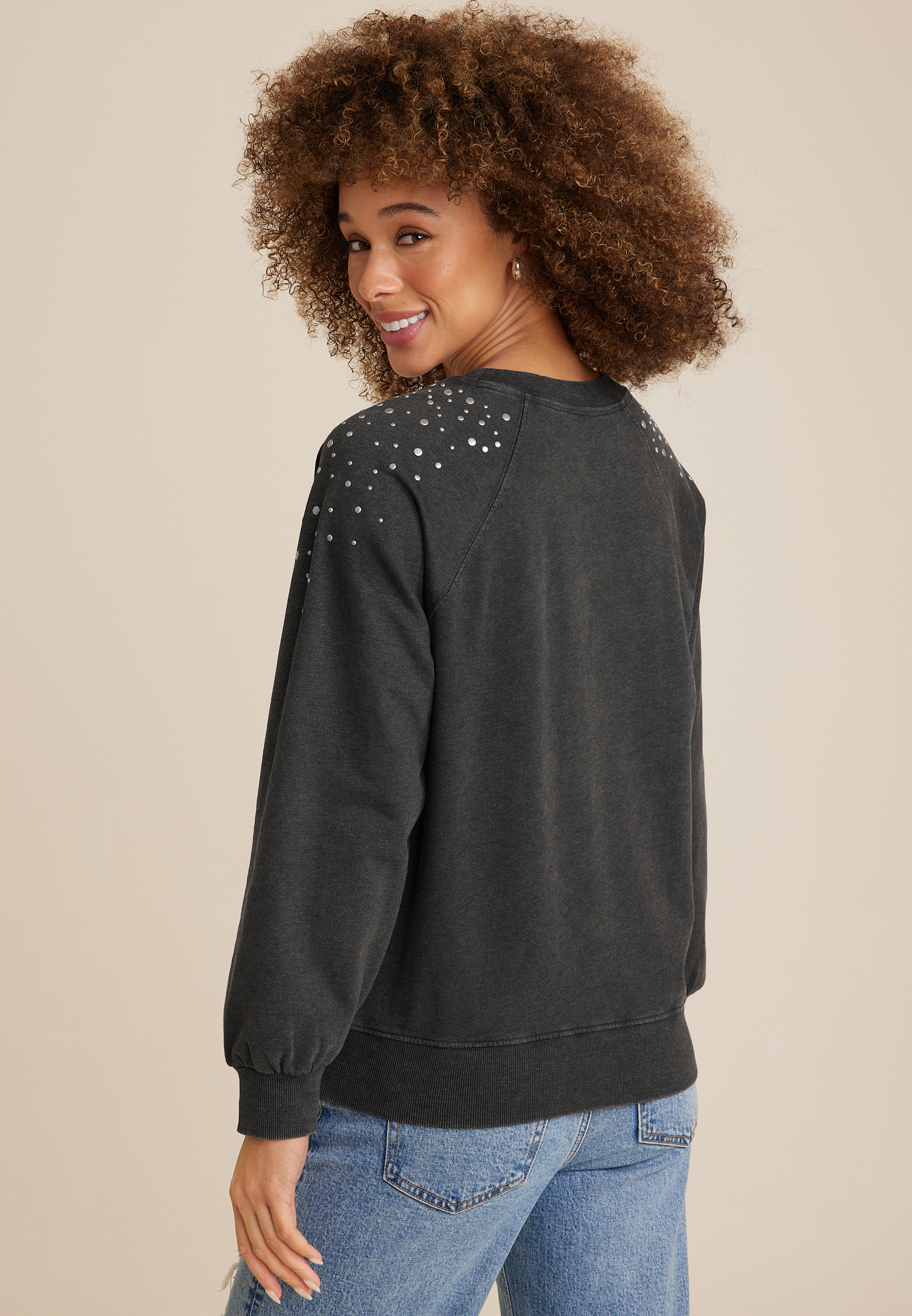 Stud Embellished Sweatshirt, CHARCOAL, large