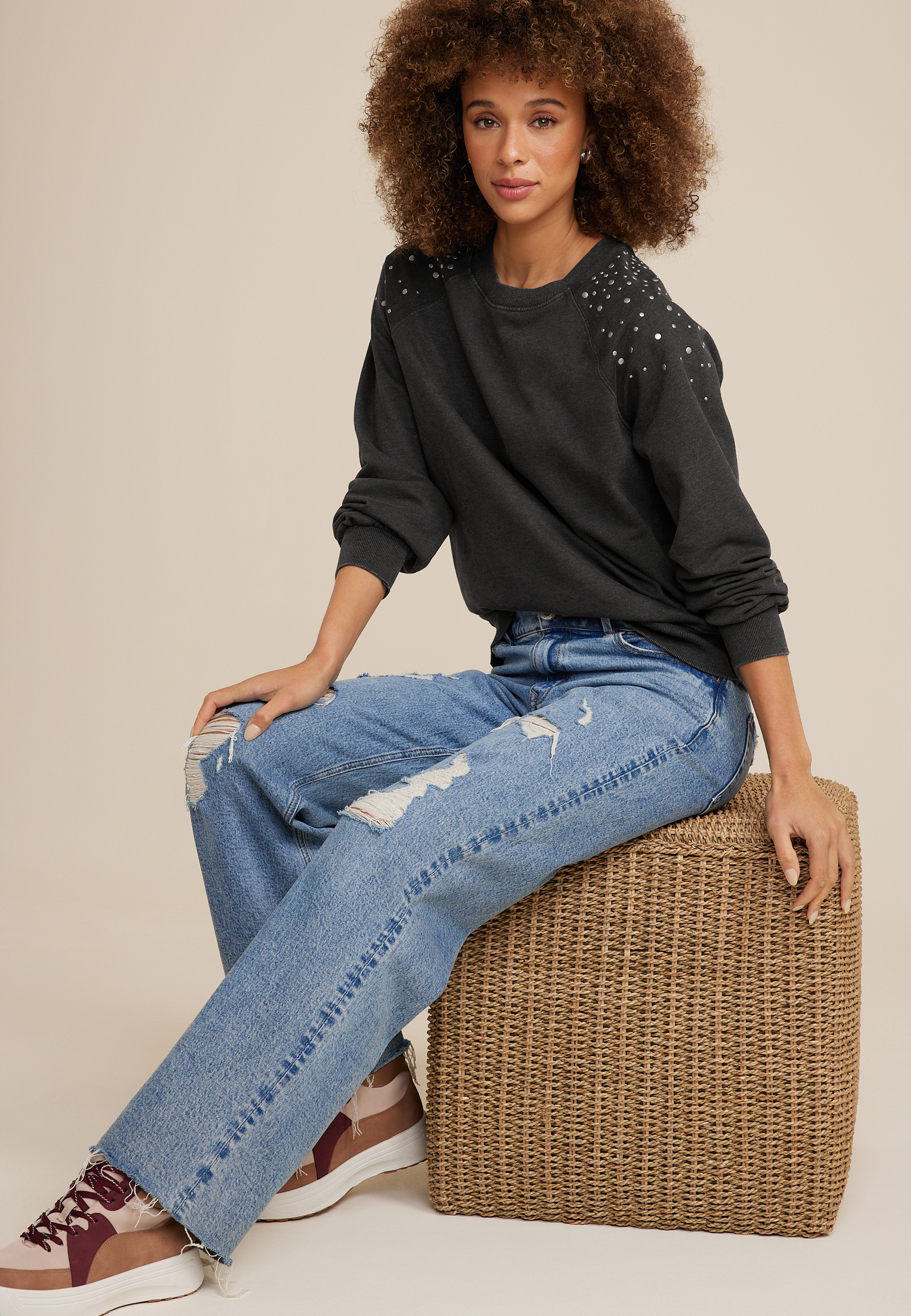 Stud Embellished Sweatshirt, CHARCOAL, large