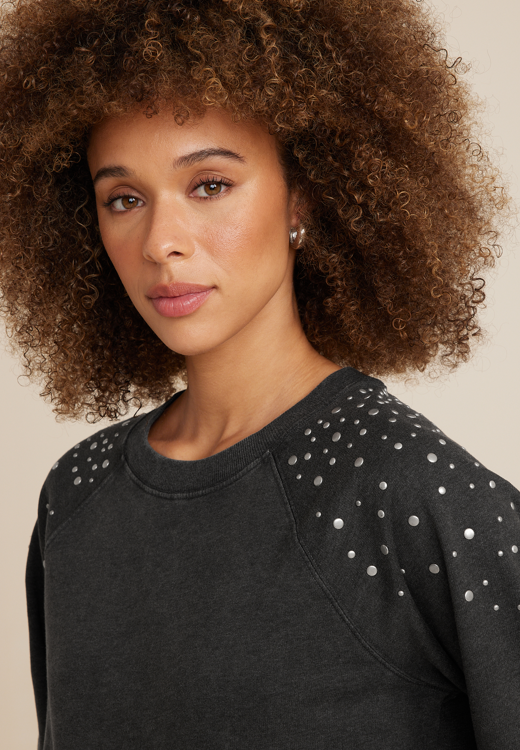 Stud Embellished Sweatshirt, CHARCOAL, large