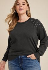 Plus Size Stud Embellished Sweatshirt, CHARCOAL, small