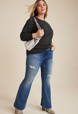 Plus Size Stud Embellished Sweatshirt, CHARCOAL, small