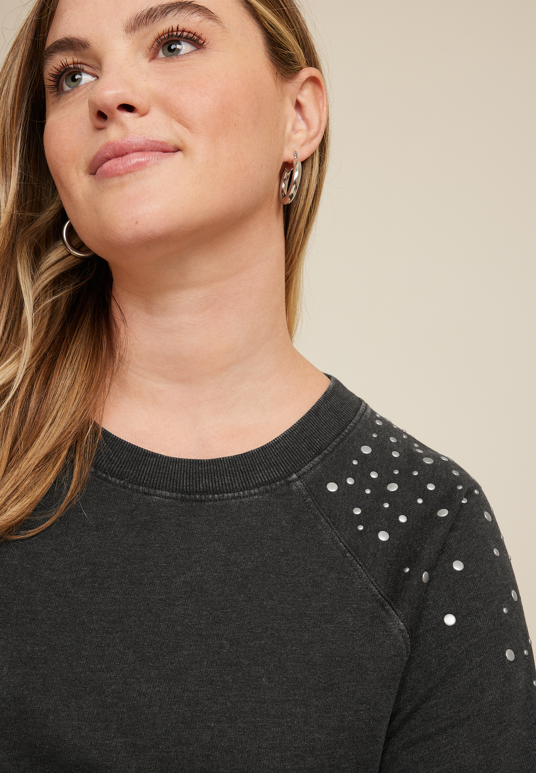 Plus Size Stud Embellished Sweatshirt, CHARCOAL, large