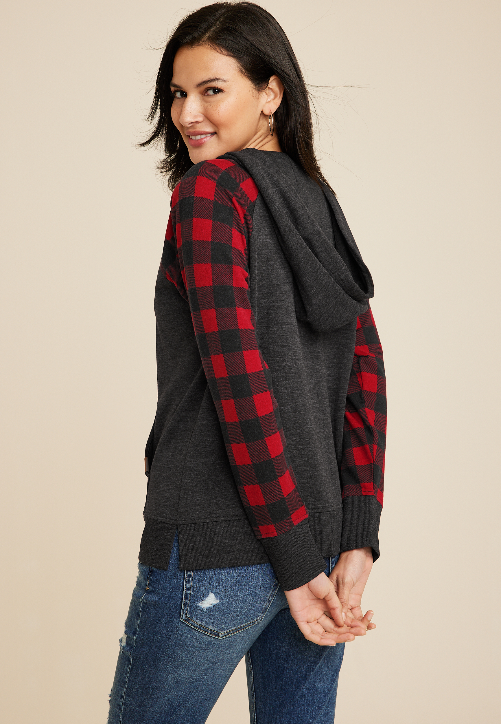 Homeward Buffalo Plaid Sleeve Fleece Hoodie, BLACK COMBO, large