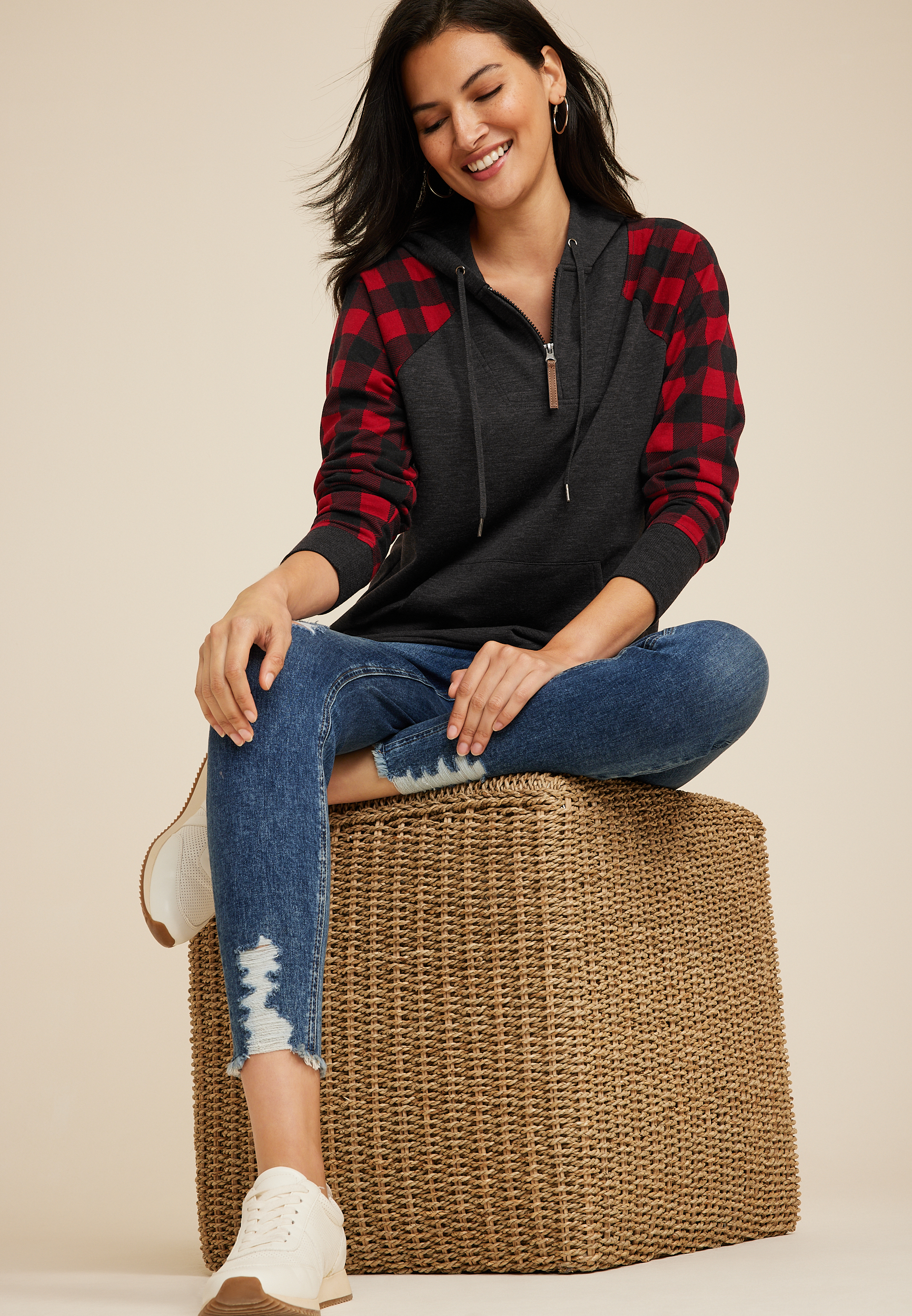 Homeward Buffalo Plaid Sleeve Fleece Hoodie, BLACK COMBO, large