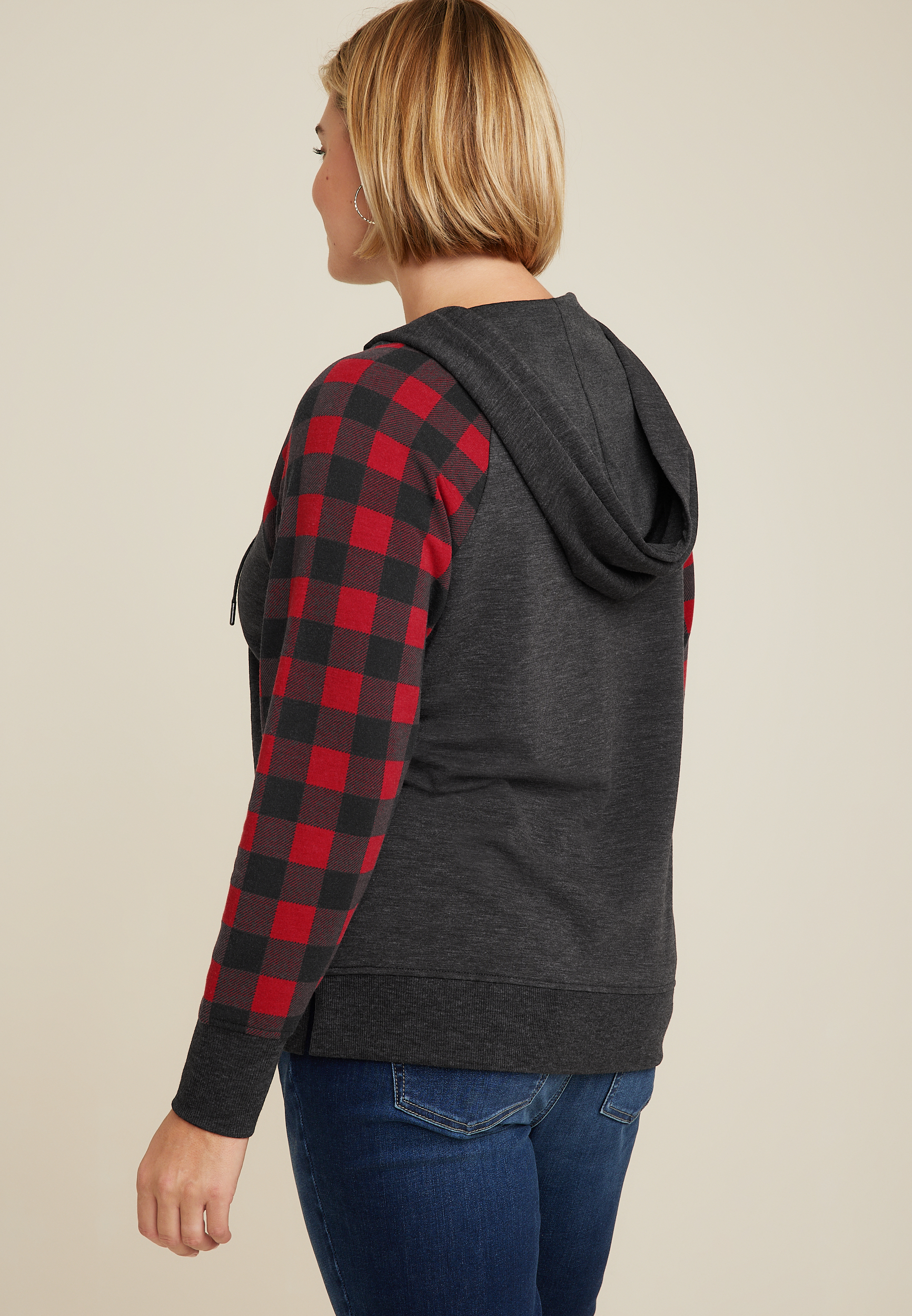 Plus Size Homeward Buffalo Plaid Sleeve Fleece Hoodie, C1756, large
