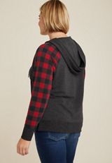 Plus Size Homeward Buffalo Plaid Sleeve Fleece Hoodie, C1756, small