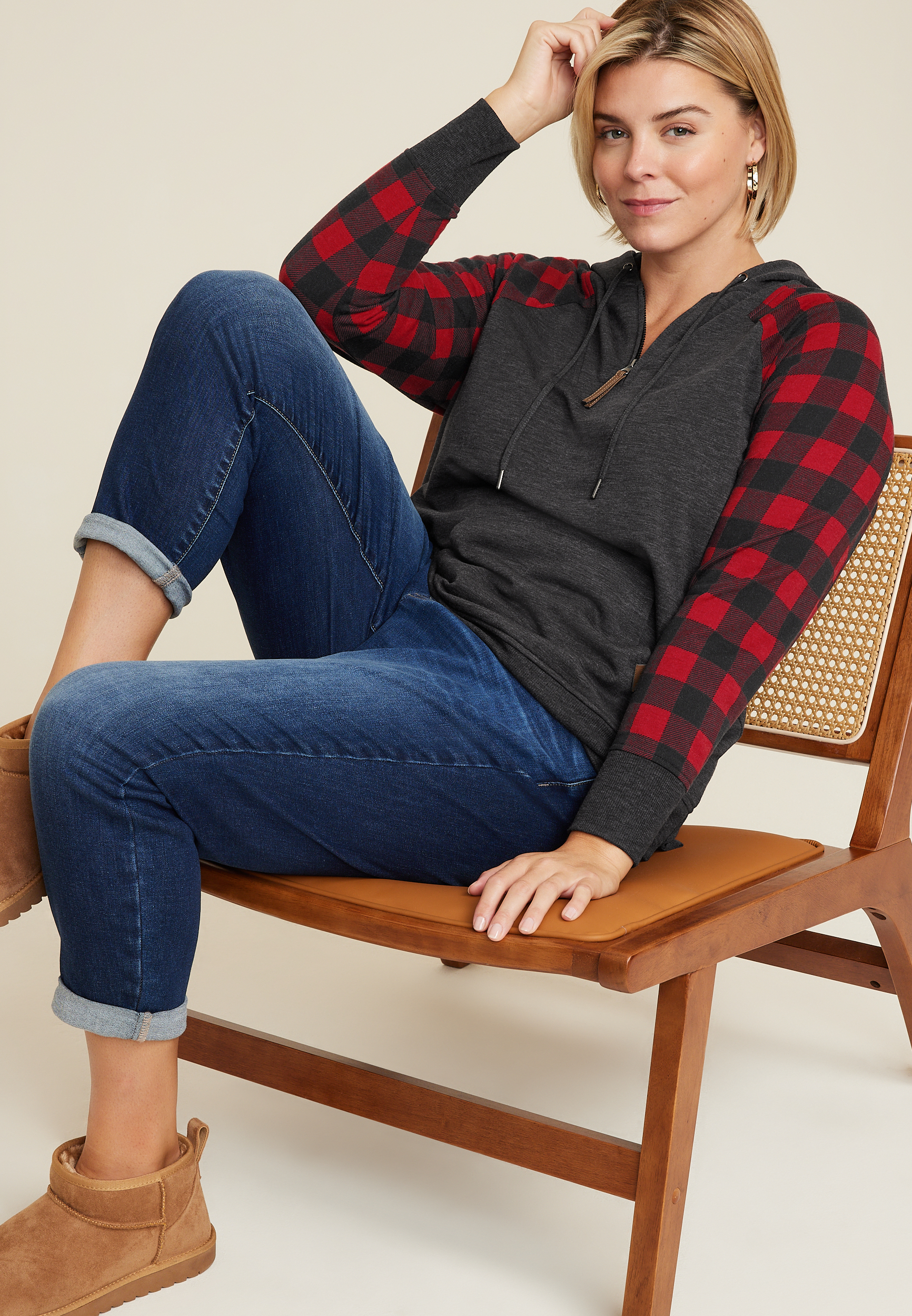 Plus Size Homeward Buffalo Plaid Sleeve Fleece Hoodie, C1756, large