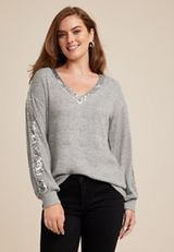 Sequin Trim Drop Shoulder Blouse, C151, small
