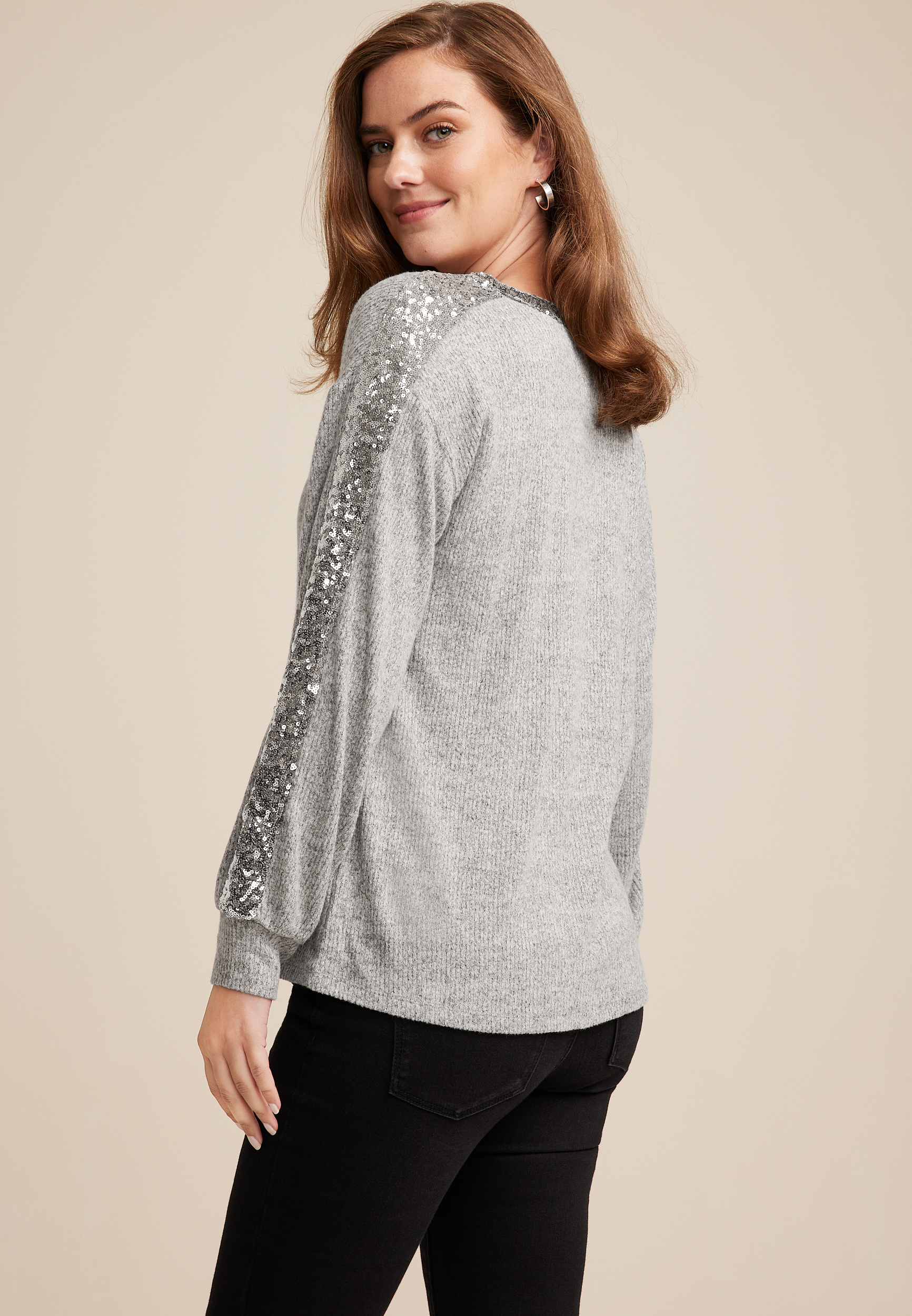 Sequin Trim Drop Shoulder Blouse, C151, large