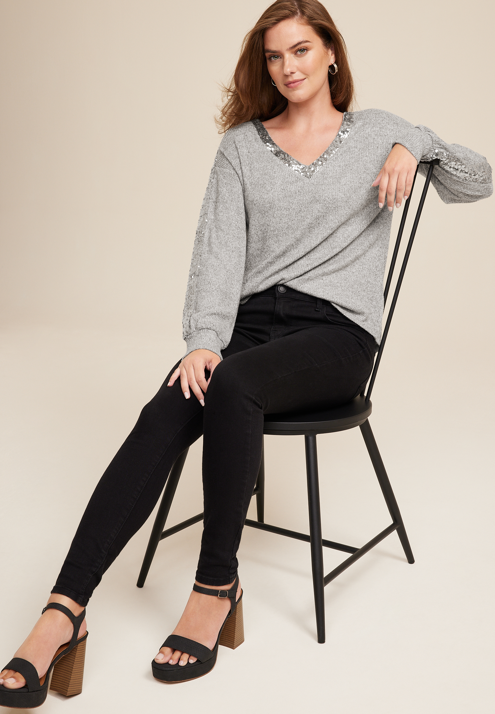 Sequin Trim Drop Shoulder Blouse, C151, large