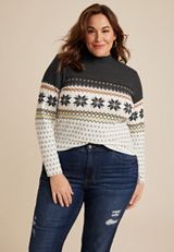 Plus Size Fair Isle Mock Neck Mixer Tee, BLACK COMBO, small