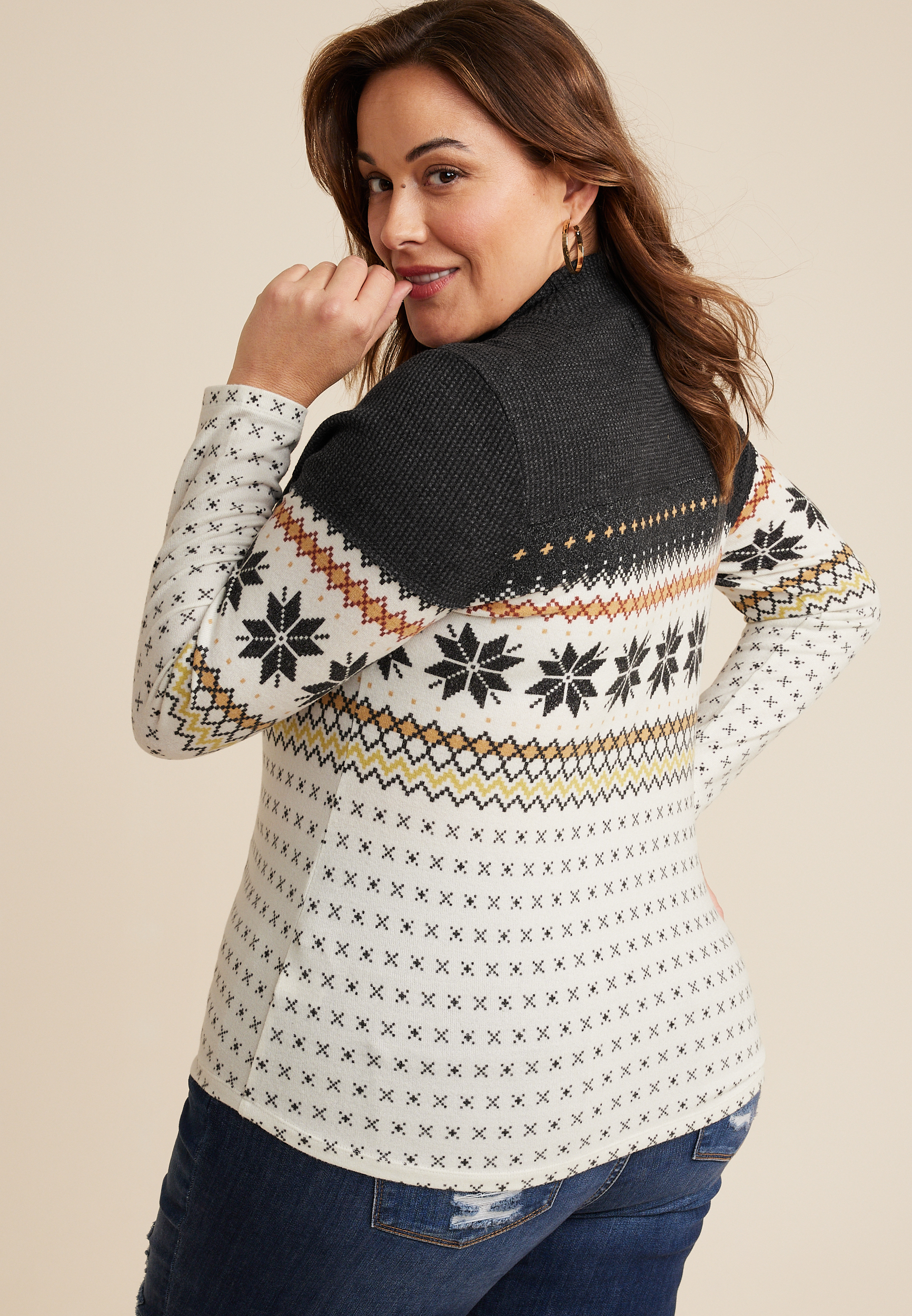 Plus Size Fair Isle Mock Neck Mixer Tee, BLACK COMBO, large