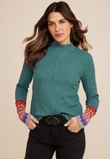 Waffle Mock Neck Fair Isle Cuff Mixer Tee, C3409, small