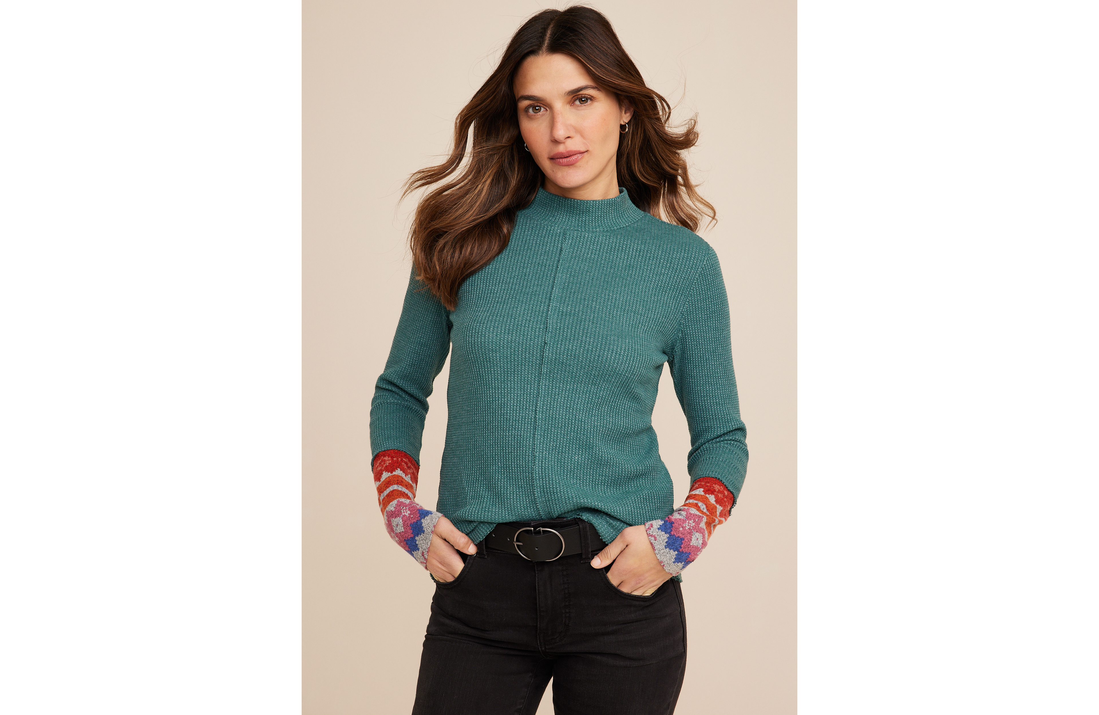 Waffle Mock Neck Fair Isle Cuff Mixer Tee
